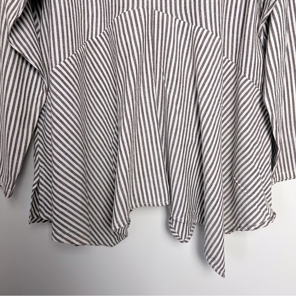 Tulip Lagenlook Shirt Brownish Gray Stripe Loose Asymmetrical Hem Button Down - Picture 13 of 14